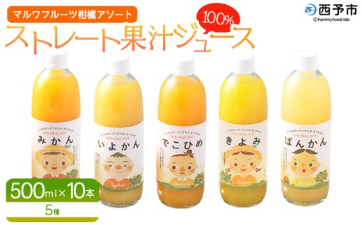 ＜マルワフルーツ柑橘アソート 100％ストレート果汁ジュース 500ml×10本＞ 詰め合わせ セット スイーツ 果物 フルーツ みかん オレンジ 柑橘 清見 でこひめ 河内晩柑 伊予柑 せとか 特産品 愛媛県 西予市【常温】『1か月以内に順次出荷予定』 2260560 - 愛媛県西予市