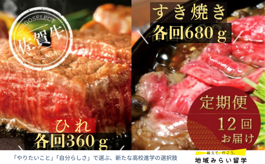 [定期便セット]佐賀牛ひれステーキ360g&すき焼き用680g×12回