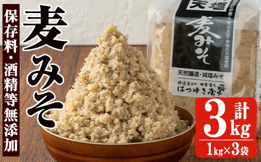 No.3351 保存料・酒精等無添加みそ 麦みそ(1kg×3袋)甘口 減塩 麦みそ 保存料・酒精等無添加 国産 九州 味噌 みそ 調味料 麹 こうじ 味噌汁 みそ汁【はつゆき屋】