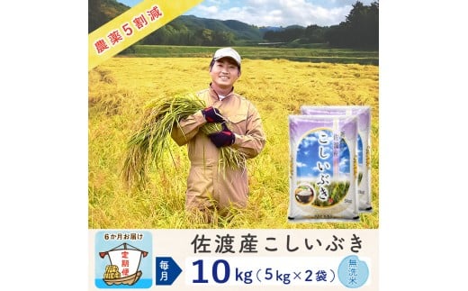 [新米予約 6か月定期便]佐渡島産こしいぶき 無洗米10Kg(5Kg×2袋) 令和7年 〜農薬5割減〜 農家直送