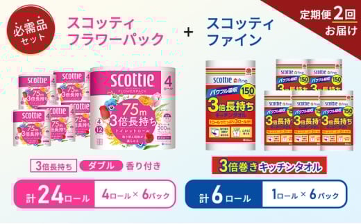 【6ヶ月ごと計2回お届け】キッチンペーパー 6パック入 スコッティ ファイン 1ロール 3倍 150カット トイレットペーパー ダブル スコッティ3倍長持ち 4ロール×6パック フラワーパック 香り付き 長持ち 防災 災害 日用品 生活用品 生活必需品 [№5704-1759] 2268172 - 宮城県岩沼市