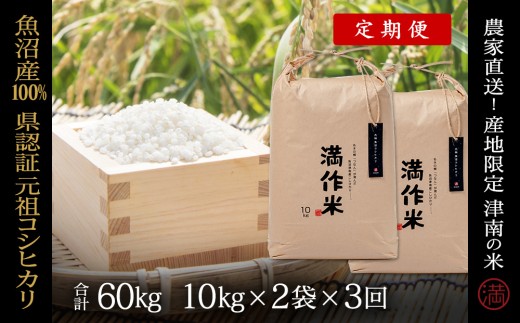 [ 定期便 3ヶ月 ] 米 20kg ( 10kg × 2袋 ) × 3回 令和7年産 新米 魚沼産 コシヒカリ 県認証米 満作米 | ブランド米 お米 おこめ 白米 精米 新潟県 津南町