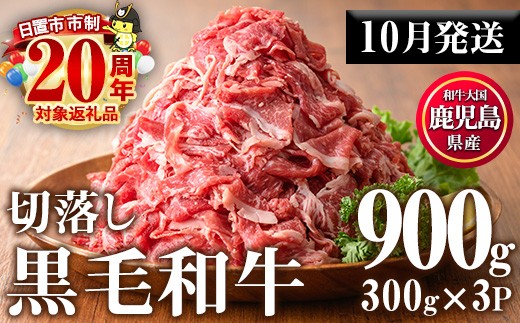 No.1015-m10 ＜2025年10月中に発送予定＞鹿児島県産黒毛和牛切落し(計900g・300g×3P)牛肉 切落し 切り落し 和牛 冷凍 国産 九州産 小分け 国産牛 お肉 牛丼 野菜炒め カレー 冷凍【カミチク】