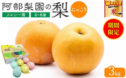 ＼9末まで 寄附額改定／【糖度保証】阿部梨園の梨（3kg　メルシー箱）にっこり　※離島への配送不可　※2025年10月上旬～10月下旬頃に順次発送予定