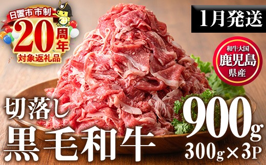 No.1015-m01 ＜2026年1月中に発送予定＞鹿児島県産黒毛和牛切落し(計900g・300g×3P)牛肉 切落し 切り落し 和牛 冷凍 国産 九州産 小分け 国産牛 お肉 牛丼 野菜炒め カレー 冷凍【カミチク】