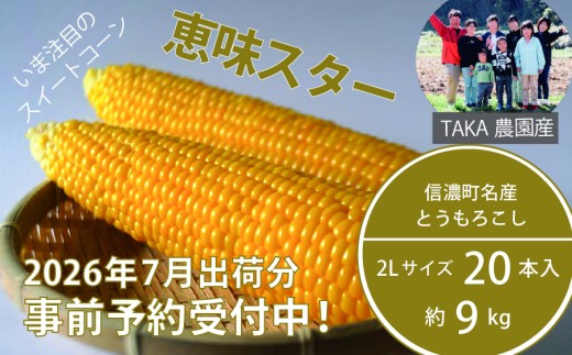 2026年夏の早期予約受付開始！信濃町名産とうもろこし『TAKA農園の恵味（めぐみ）スター』2Lサイズ（1本450ｇ相当）×20本セット｜生でも食べられる信濃町産スイートコーンの人気品種 令和8年7月中旬～下旬に出荷予定【長野県信濃町ふるさと納税】 1341562 - 長野県信濃町