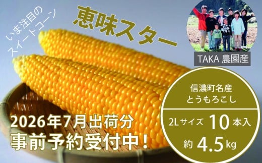 2026年夏の予約受付開始！信濃町名産とうもろこし『TAKA農園の恵味（めぐみ）スター』2Lサイズ（1本450ｇ相当）×10本セット｜生でも食べられる信濃町産スイートコーンの人気品種 令和8年7月中旬～下旬に出荷予定【長野県信濃町】