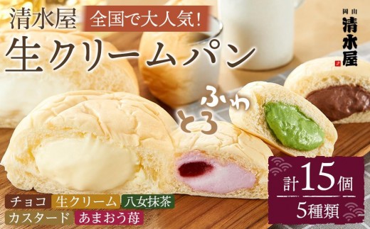 【12月発送】＜究極のふわとろ食感＞清水屋 生クリームパン 15個 5種（カスタード・生クリーム・チョコ・あまおう苺・八女抹茶）