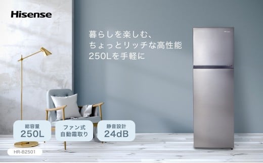 Hisense【標準設置費込み】250L 2ドア ファン式 冷蔵庫 HR-B2501
