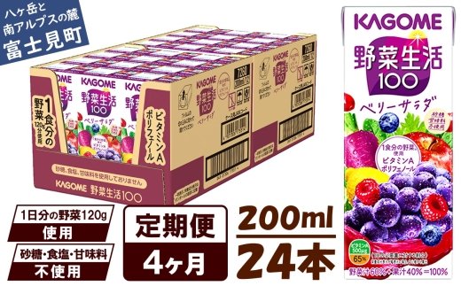 【 定期便 4ヶ月 】 カゴメ 野菜生活100 ベリーサラダ 200ml×24本 ジュース 野菜 果実ミックスジュース 果汁飲料 紙パック 砂糖不使用 3食分の野菜 鉄分 ポリフェノール ビタミンA 飲料類 ドリンク 野菜ドリンク 備蓄 長期保存 防災 飲みもの 長野県 富士見町