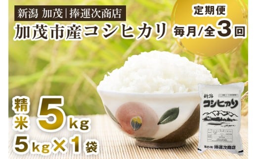 【令和7年産新米先行予約】【定期便3回毎月お届け】加茂市産コシヒカリ 精米5kg 《10月上旬～順次出荷》 こしひかり 新潟米 お米 白米 ライス ご飯 加茂市 捧運次商店 2271160 - 新潟県加茂市