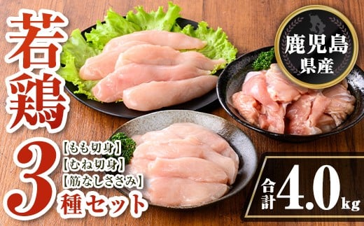 isa713 鹿児島県産 若鶏3種ビックセット(合計4kg) 鹿児島県産 小分け 若鶏 鶏肉 鶏 肉 もも もも肉 むね むね肉 切身 カット済 ささみ ササミ 筋なし セット 詰め合わせ 冷凍  【TRINITY】 2316485 - 鹿児島県伊佐市