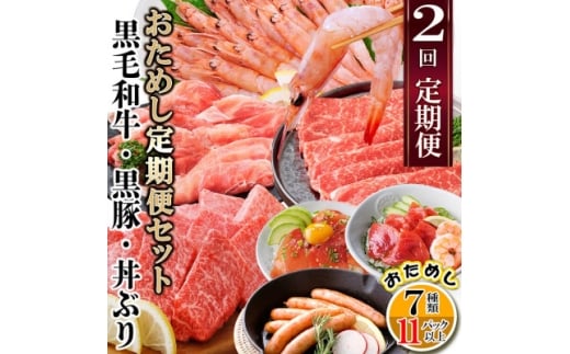 定期便2回配送　鹿児島県産黒毛和牛・黒豚・漬丼　お試し定期便セット DD-6007_ 定期便 黒毛和牛 黒豚 かつお マグロ 海老 人気 おすすめ 送料無料 鹿児島県 枕崎 ソーセージ 赤身 【1486099】 1527562 - 鹿児島県枕崎市