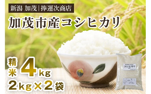 【令和7年産新米】加茂市産コシヒカリ 精米 4kg（2kg×2袋） 《順次出荷》 こしひかり 新潟米 お米 白米 ライス ご飯 加茂市 捧運次商店 2271309 - 新潟県加茂市