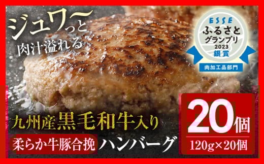 九州産黒毛和牛入 生ハンバーグ 20個入 肉汁たっぷり 120g×20個 黒毛和牛 九州産 牛豚合挽 ハンバーグ 柔らかい 肉 牛 小分け お取り寄せグルメ お取り寄せ グルメ 九州 福岡県 古賀市 927675 - 福岡県古賀市