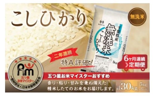 ＜6ヶ月定期便＞2年連続特A評価！千葉県産コシヒカリ【無洗米】5kg×6ヶ月連続 計30kg 【 ふるさと納税 米 定期便千葉県産 大網白里 コシヒカリ 無洗米 こめ 送料無料 】 E014