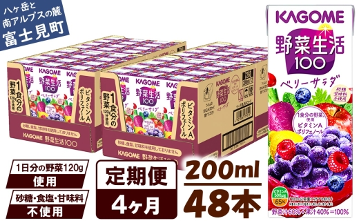 【 定期便 4ヶ月 】 カゴメ 野菜生活100 ベリーサラダ 200ml×48本 ジュース 野菜 果実ミックスジュース 果汁飲料 紙パック 砂糖不使用 1食分の野菜 鉄分 ポリフェノール ビタミンA 飲料類 ドリンク 野菜ドリンク 備蓄 長期保存 防災 飲みもの 長野県 富士見町 長野県 富士見町 1251716 - 長野県富士見町