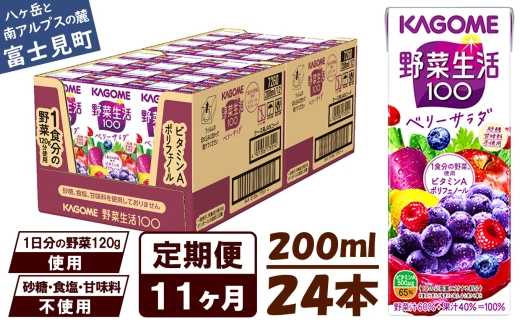 【 定期便 11ヶ月 】 カゴメ 野菜生活100 ベリーサラダ 200ml×24本 ジュース 野菜 果実ミックスジュース 果汁飲料 紙パック 砂糖不使用 10食分の野菜 鉄分 ポリフェノール ビタミンA 飲料類 ドリンク 野菜ドリンク 備蓄 長期保存 防災 飲みもの 長野県 富士見町 1181265 - 長野県富士見町