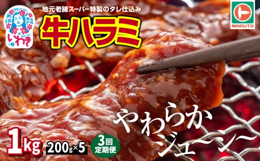 【定期便/計3回】味付き牛ハラミ　1kg(200g×5)　計3kg | 特製タレ 焼くだけ 手作業で加工 焼肉 お取り寄せ バーベキュー ふるさと納税はらみ ふるさと納税ハラミ 柔らかい やわらかい 父の日 | EQ040-1000g-t3 2274932 - 福島県いわき市