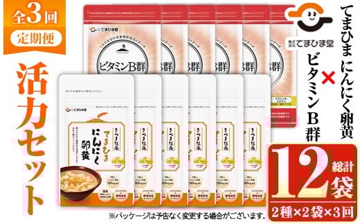 No.1298-A ＜定期便・全3回(隔月)＞活力セット(てまひま にんにく卵黄・ビタミンB群/各2袋×3回 計12袋) 鹿児島 日置市 ニンニク 健康食品 加工食品 栄養 元気 有精卵 カプセル 手軽に 安全安心【てまひま堂】【899】【1297】