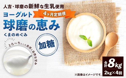 【定期便4回】 球磨の恵みヨーグルト （加糖） 2kg （1kg×2パック） （合計8kg） ヨーグルト 牛乳 乳製品 お菓子 菓子 洋菓子 定期便 九州 熊本県 相良村 冷蔵