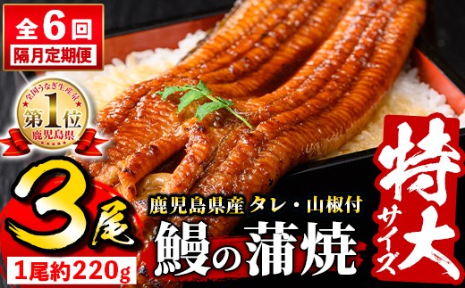 s735 【隔月・定期便6回】＼特大サイズ／ 鹿児島県産 鰻蒲焼真空セット！(計約3.96kg・約220g×3尾×6回) タレ・山椒付！ 鹿児島 九州産 国産 うなぎ ウナギ 鰻 土用の丑の日 蒲焼き うな重 ひつまぶし 定期便 隔月 1ヶ月おきに 冷凍 【薩摩川内鰻】