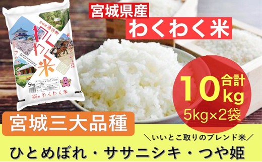 【ふるさと納税】宮城県産三大銘柄いいとこ取りブレンド米 わくわく米 5kg×2袋入 計10kg ◆｜ お米 精米 白米 ひとめぼれ ササニシキ つや姫 宮城県産 三大銘柄【araseki003】
