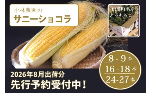 2026年夏出荷分、早期予約! 小林農園のとうもろこし「サニーショコラ(2Lサイズ)8-9本 / 16-18本 / 24-27本セット」朝採りのとうもろこしを生産者から直送|令和8年8月〜出荷開始予定![長野県信濃町]