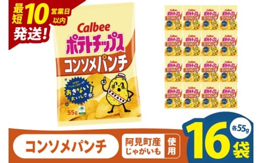 【10営業日以内に出荷】カルビー ポテトチップス コンソメパンチ（55g） 16個｜Calbee お菓子 菓子 おやつ おかし ぽてち ポテチ スナック おつまみ ジャガイモ じゃがいも（93-04）