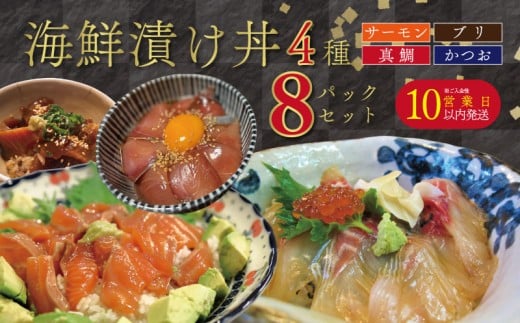 【10営業日以内発送】漬丼 厳選 4種 8食 セット 真鯛 カツオ ブリ サーモン 10000円 食べ比べ 漬け丼 づけ丼 海鮮丼 鯛 たい  かつお 鰹 鮭 冷凍 人気 魚介 海鮮 食べ比べ お手軽 加工品 簡単 晩ごはん 小分け パック 新鮮 鮮魚 養殖 国産 詰め合わせ ギフト プレゼント 本格  ふるさと納税 南予ビージョイ 愛南町 愛媛県