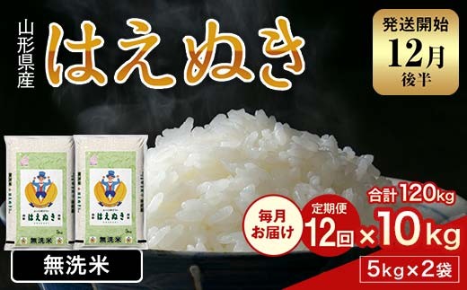 FYN2-030 【12回定期便・12月後半発送】令和7年産 新米 山形県産 はえぬき 10kg 2025年 お米 米 米米 ごはん ご飯 白米 国産 ブランド米 節水 時短 冷めてもおいしい贈答 ギフト 家庭用 自宅用 お取り寄せ 食品 山形県 西川町 月山 