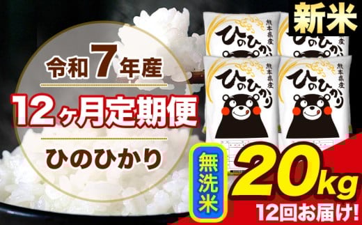 新米 令和7年産 【12ヶ月定期便】 ひのひかり 無洗米 20kg 5kg×4袋 計12回お届け 熊本県産 こめ コメ 無洗米 精米 荒尾市 ひの 米 定期 《お申込み月の翌月から出荷開始》