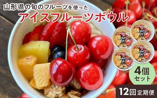 【山形県の旬のフルーツ】を使ったアイスフルーツボウル4個×12回定期便 さくらんぼ もも シャインマスカット ラ・フランス りんご F2Y-4431