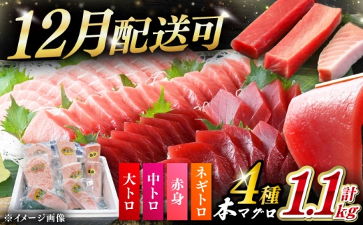 【12月配送可能】対馬産 本マグロ 4種 計1.1kg（赤身/中トロ/大トロ/ネギトロ）《対馬市》【対海】 冷凍配送 食べ比べ 新鮮 手巻き寿司 海鮮丼 贈り物 [WAH028]