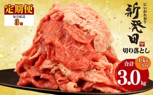 【定期便】 切り落とし 1kg×3回 計3kg 新発田牛 黒毛和牛 霜降り 和牛 ブランド牛 国産 しゃぶしゃぶ 小間切れ 小分け 贈答 お歳暮 新潟 新発田 新潟県 新発田市 近江牛 神戸牛 松阪牛 米沢牛 三大和牛 に負けない アルビレックス アルビレックス新潟 えのもとミート enomoto029