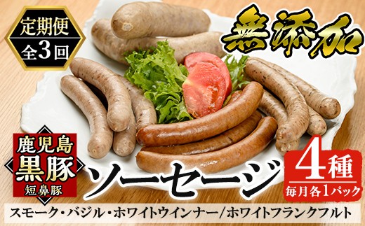 a010-B 【3回定期便】鹿児島黒豚「短鼻豚」無添加ソーセージ4種詰め合わせ(4種各1パック×3回)【鹿児島ますや】姶良市 ウインナー ウィンナー フランクフルト 豚肉 おかず