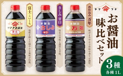 お醤油3種味比べセット 各1L 計3本 計3L 濃口醤油 富士 さしみ甘口 再仕込み醤油 万年 セット おさしみ醤油 刺し身醤油 料理 しょうゆ 醤油 調味料 濃い口 大分県 九重町 
