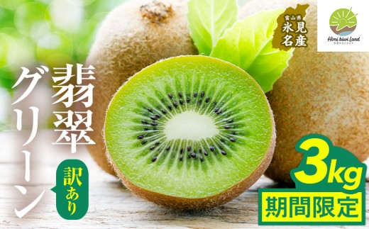 訳あり翡翠グリーン3kg(小玉、擦り傷、日焼け) 数量限定 希少 国産 甘い 氷見キウイランド 富山県 氷見市