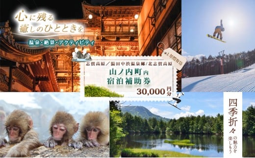 山ノ内町内宿泊補助券（6枚）1年間有効 30,000円分 旅行 宿泊券 ホテル 旅館 チケット 宿泊 補助券 志賀高原 湯田中渋温泉郷 北志賀高原 地獄谷野猿公苑  温泉 ギフト 自然 観光 長野県 信州 冬 スキー