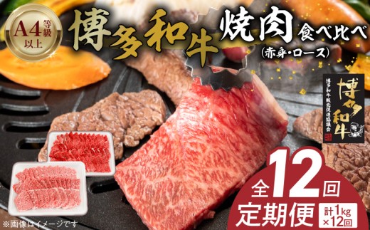 博多和牛赤身・ロース焼肉食べ比べ 計1kg 12回定期便 _Tk055 2292614 - 福岡県久留米市