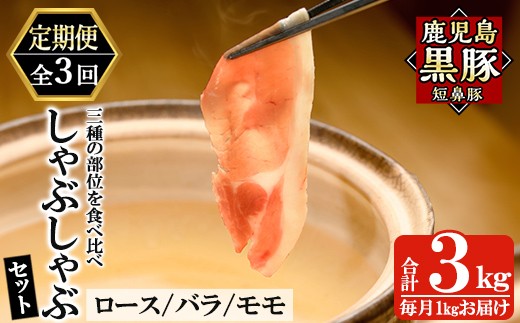 a039-A 【3回定期便】鹿児島黒豚「短鼻豚」しゃぶしゃぶセット計3kg(1kg×3回)(ロース肉・バラ肉・モモ肉)【鹿児島ますや】姶良市 国産 鹿児島県 肉 豚 豚肉 黒豚 スライス しゃぶしゃぶ セット 小分け 食べ比べ 2273704 - 鹿児島県姶良市