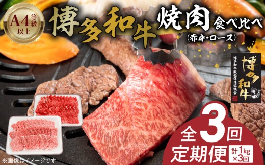 博多和牛赤身・ロース焼肉食べ比べ　計1kg　3回定期便 _Tk053 2292612 - 福岡県久留米市
