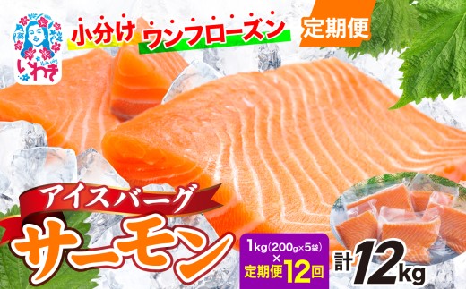 〈定期便12回〉アイスバーグサーモン（アトランティックサーモン）　約1kg（約200g×5袋） | アイスバーグサーモン アトランティックサーモン 産地直送 冷凍 お取り寄せ サーモン 切り身 北欧 ノルウェー 高たんぱく オメガ3 健康志向 | DK006-t12 2278320 - 福島県いわき市