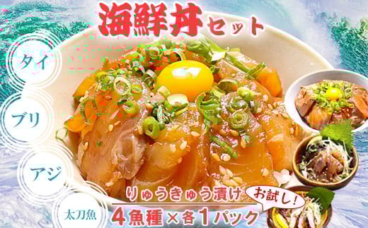 りゅうきゅう4種(真鯛・ぶり・真あじ・太刀魚)[お試し各1食セット] 海鮮丼 漬け丼 大分郷土料理 豊後絆屋 ふるさと納税 魚 冷凍 加工品 惣菜 おすすめ おいしい 刺身 詰め合わせ おせち セット 産地直送 国産 大分県 海鮮 漬け 真空パック 小分け 惣菜 JAL機内食 人気 鯛 タイ たい 鰤 ブリ ぶり 鯵 アジ あじ 太刀魚 タチウオ たちうお ＜101-032＞