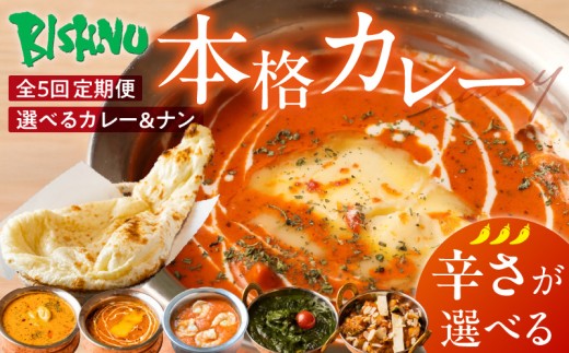 [辛さが選べる][毎月5回お届け]ビスヌ 本格カレー シェフのおすすめ定期便_定期便 5回 ビスヌ 選べる カレー チキン バターチキン 海老 豆 野菜 ほうれん草チキン ナン プレーン チーズ ガーリック パンプキンチーズ ほうれん草 辛さ マイルド 中辛 辛口 できたて 真空パック 冷凍 福岡県 久留米市 送料無料_Tk039