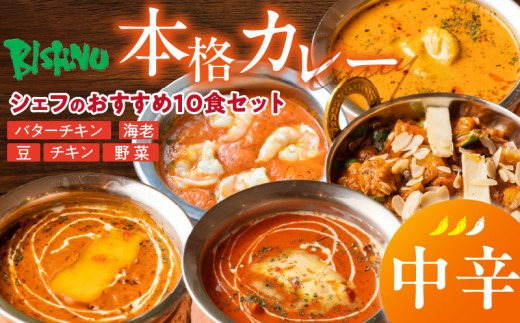 【中辛】ビスヌ 本格カレー　シェフのおすすめ10食_ビスヌ 本格 カレー シェフ おすすめ 10食 バターチキン 豆 海老 チキン 野菜 各 2個 中辛 インドカレー スパイス こだわり インド 直輸入 Aランク できたて 冷凍 真空パック お取り寄せ 福岡県 久留米市 送料無料_Ca047-02 2226864 - 福岡県久留米市