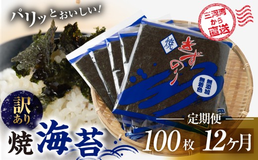 焼海苔 100枚 訳あり 12回定期便 ( 10枚入り × 10袋 ) 焼き海苔 海苔 きずのり セット 詰め合わせ たっぷり 小分け 定期便 12回 12ヶ月 個包装 簡易包装 全形 乾海苔 おにぎり 手巻き寿司 巻寿司 お弁当 朝食 のり パリパリ 訳アリ 愛知県 田原市 