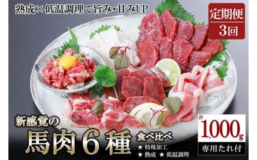 【阿蘇牧場】定期便 3回 馬肉 盛り合わせ 6種 1000g 1kg 計3000g 3kg 赤身 フタエゴ ハツ サガリ ユッケ コウネ 特許製法 氷温熟成 低温調理 加熱済 希少部位 新感覚 焼いたらもっと美味しい 旨みたっぷり 小分け 専用醤油 タレ付 真空パック 熊本 阿蘇 小国町
