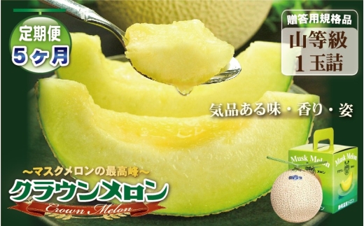 【5ヶ月定期便】クラウンメロン（山等級）１玉入 　果物 フルーツ デザート メロン マスクメロン 青肉 高級 ギフト 贈り物 静岡県産 袋井市