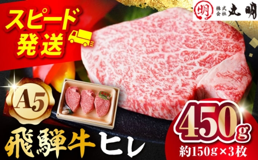 【A5等級】 飛騨牛 ヒレ 450g(約150g×3枚) 多治見市 / 飛騨牛の丸明 冷凍 和牛 赤身 霜降り 希少部位 [THL008]